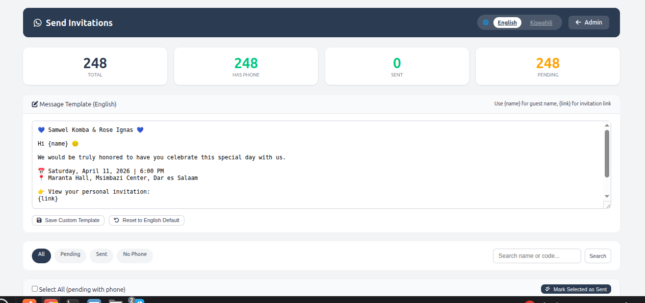 Admin send invitations panel — 248 guests, WhatsApp dispatch with personalised template